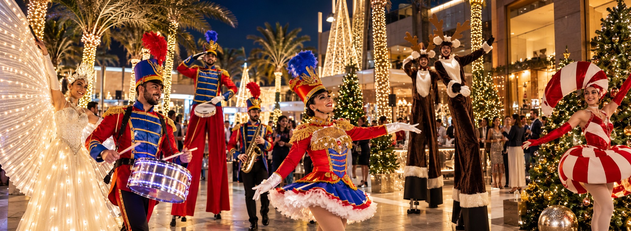 Festive Christmas entertainment in Dubai: toy soldier parade, reindeer stilt walkers and LED performers