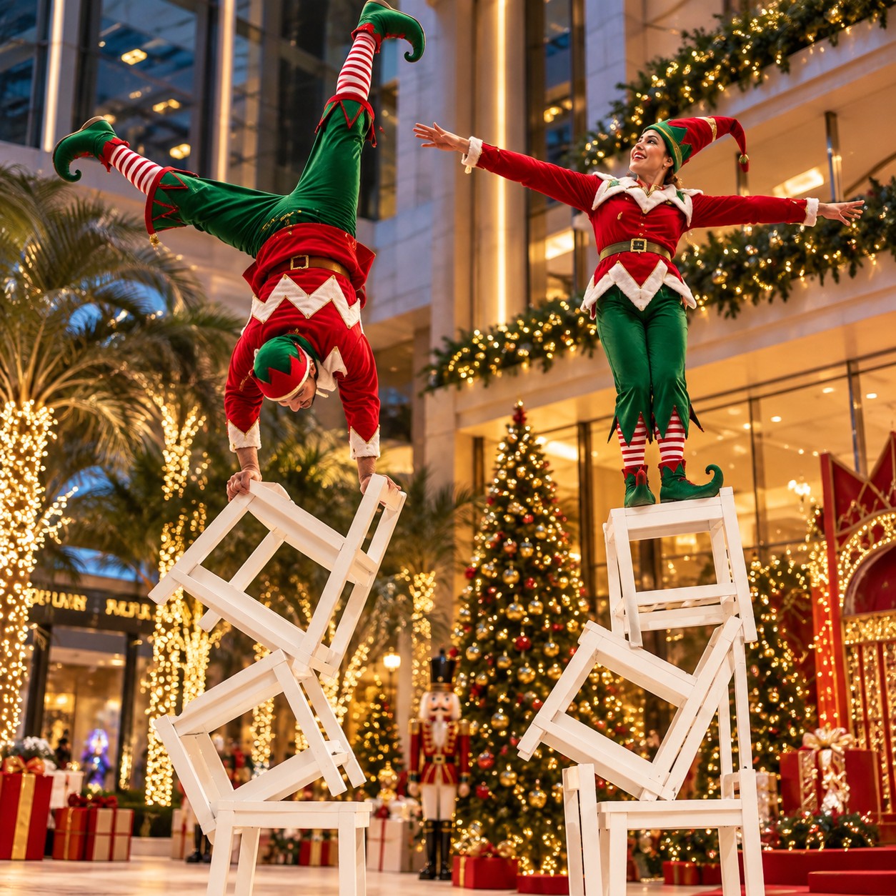 Elf Chair Balancing Act festive entertainment Dubai